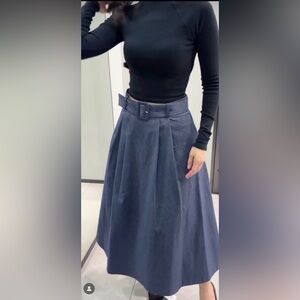 Elegant Blue Belted Midi Skirt with Side Pockets